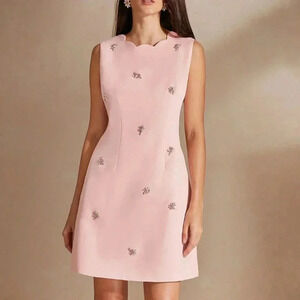 Baby Pink Elegant Women's Sleeveless Round Neck Embroidery Summer Dress